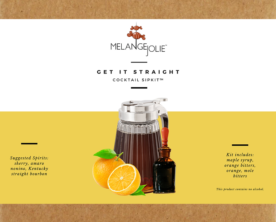 Mélange Jolie Get It Straight Cocktail SipKit™ featuring a glass, bar spoon, cocktail sticks, Vermont maple syrup, dehydrated oranges, navel orange, and mole bitters.